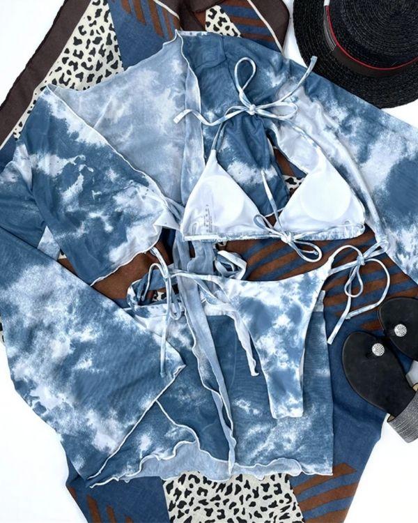 Vierteiler Bikini Bademode Set Batik Tie Dye blau weiss Farben Triangel und Badehose mit Shirt und Rock