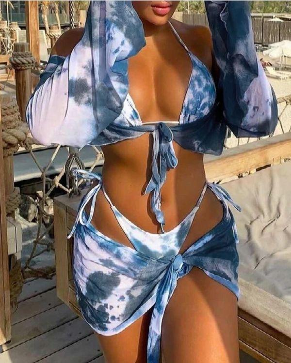 Mesh Batik Tie Dye Style Bikini Set aus vier Teilen - Triangel Bikini Oberteil Tange Badehose und Wickelrock mit Mesh Shirt zum binden