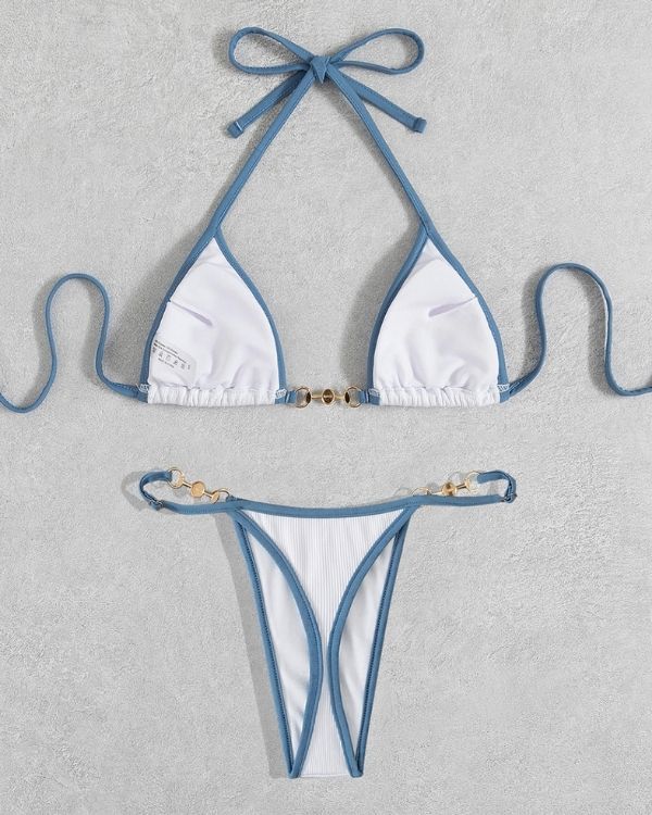 Elegantes und sexy Bikini Set aus String Tanga und Triangel in weiss blau mit Perlen 