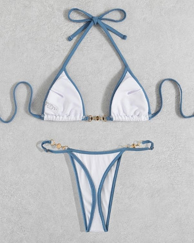 Elegantes und sexy Bikini Set aus String Tanga und Triangel in weiss blau mit Perlen 