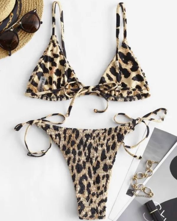 Leopard Muster Bikini Triangel mit verstellbaren Traegern und String Badehose zum binden 
