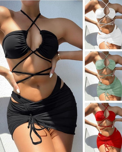 Bikini Damen Set aus 3 Teilen - Gekreuztes Bikinioberteil High-Waist Bikinistring und passender Mini Rock