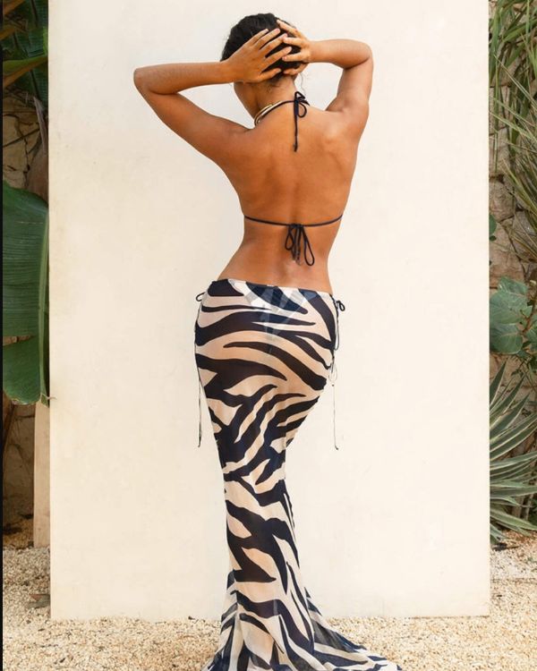 Zebra schwarz-weiss Dreiteiler Set mit Triangel Bikini und Maxirock