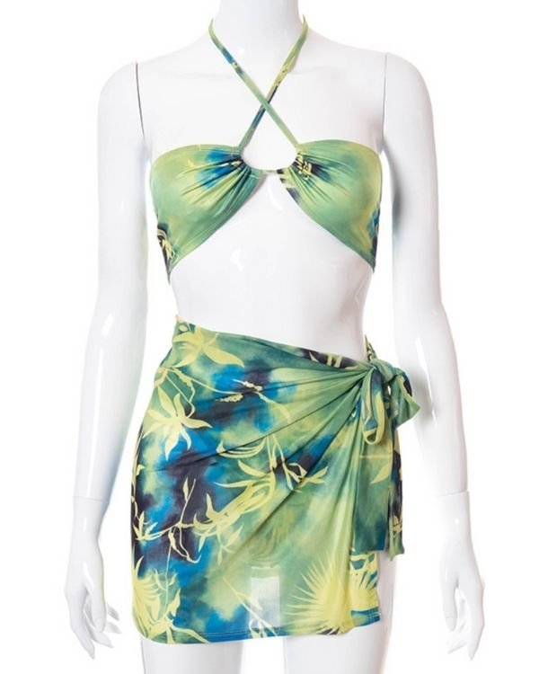 Bikini Damen Set in tropischen Farben mit passendem Wickelrock Strandrock dazu 