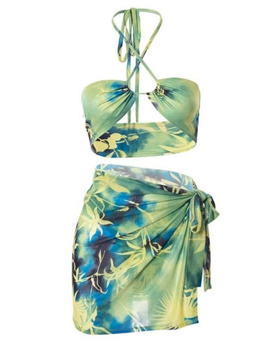 Tropical Vibe Bikini Set mit passendem Pareo Strandtuch Rock 