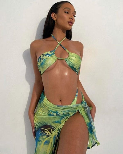 Bikini Set aus Bikinioberteil Badehose und passendem kurzem Wickelrock Pareo 