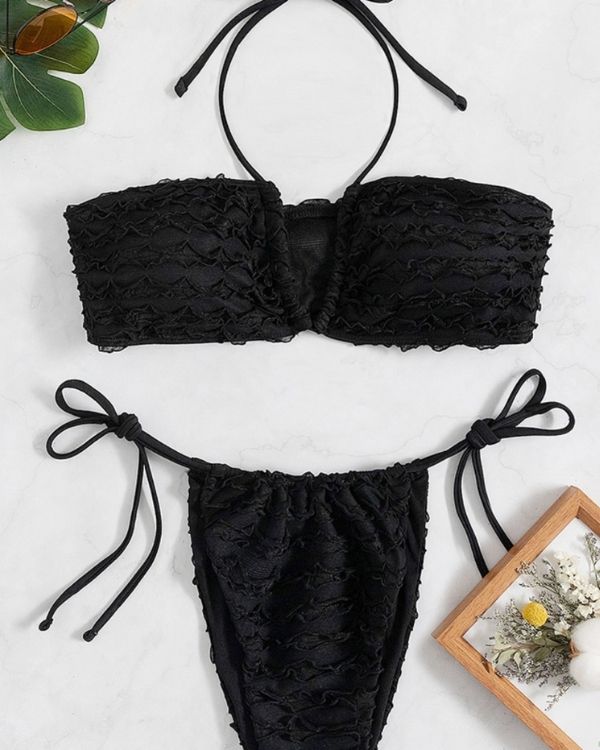 Damen Bikini mit Ruffle Effekt und zum binden auf den Seiten - Sexy schwarzes Bikini online kaufen