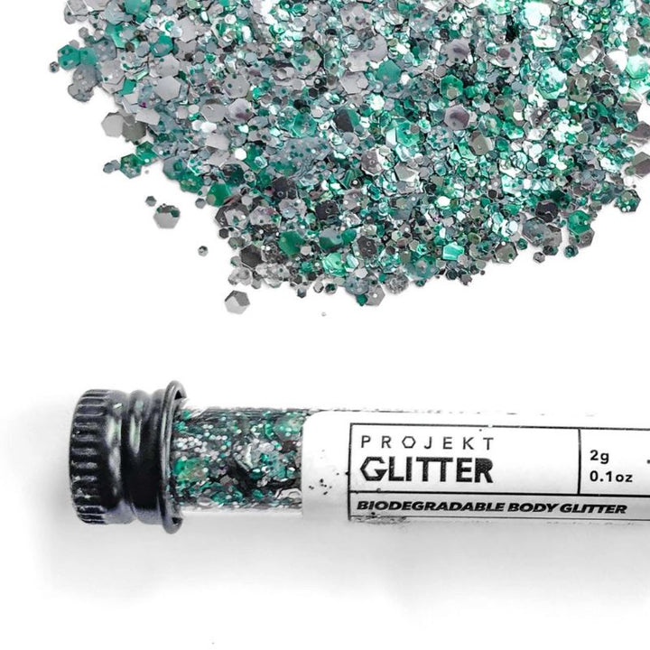 Tuerkis silber gemischtes Bio Glitzer fuer Gesicht, Koerper und Haare