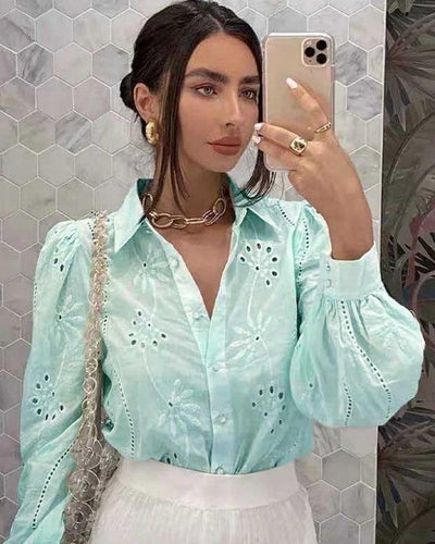 Hellgrüne Damen Boho Bluse mit Blumen Muster - Baumwolle Bluse Schweiz