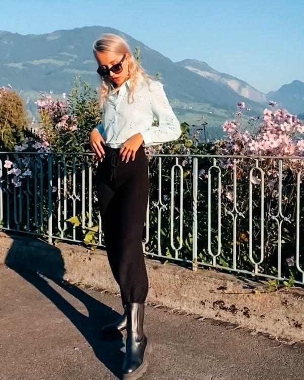 Blumen Boho Bluse Damen - langarm hohe Schulter und Kragen Blusen kaufen