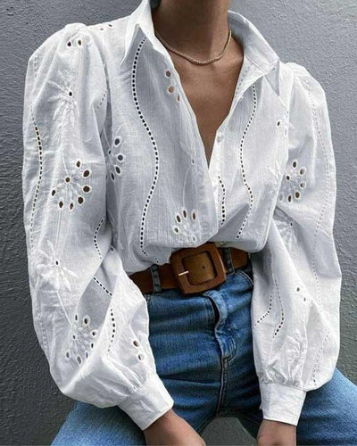Weisse Blumen Muster Cut Outs Bluse Baumwolle