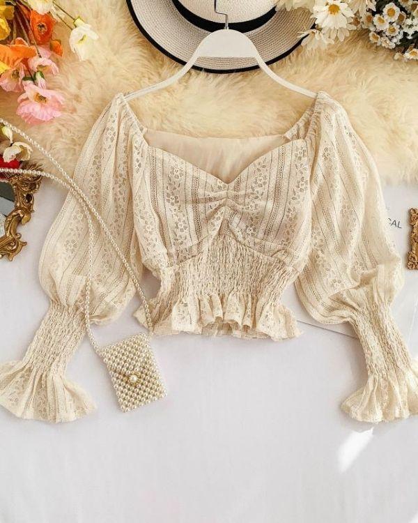 Beiges Ruffled Boho Bluse Shirt mit Spitzen Details und Blumen Mustern