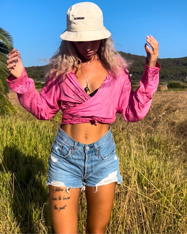 Pinke Goa Om Wickelblusen Shirt mit langen Aermlen