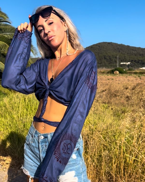 Blaue langarm Rayon Bluse mit Om Zeichen - Wickelbluse Damen online kaufen
