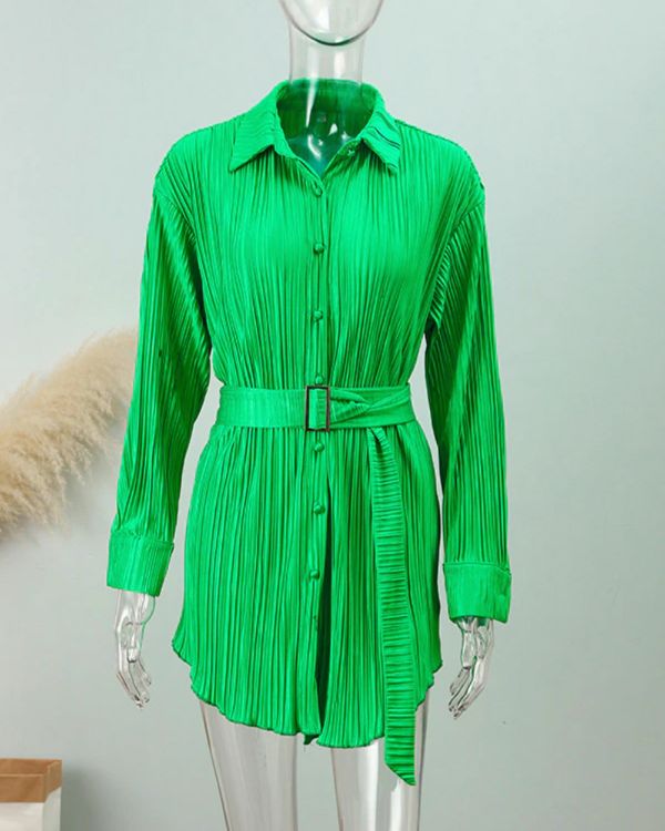 dunkelgruenes Damen Plissee Blusenkleid mit Kragen, Knoepfen und langen Aermeln 