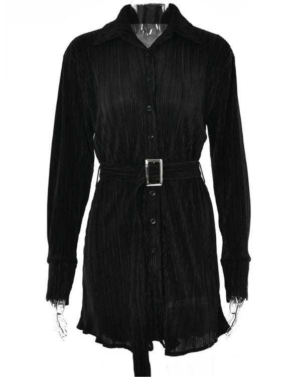 Schwarzes Damen Blusenkleid mit Knoepfen und Stoffgurt zum binden - Kragen Blusen Kleid online bestellen