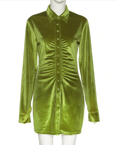 Damen Velvet Blusenkleid | Kleid im Blusenschnitt mit langen Ärmeln und Knöpfen auf der Vorderseite | Taillierte Bluse im Kleid Schnitt mit Kragen | Grünes Velvet Blusenkleid Damen Schweiz