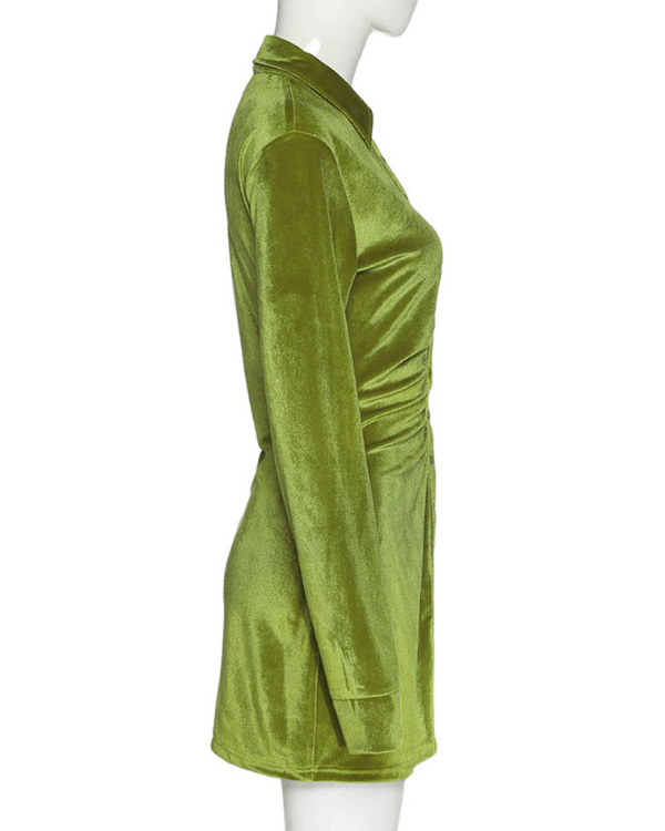 Damen Velvet Blusenkleid | Kleid im Blusenschnitt mit langen Ärmeln und Knöpfen auf der Vorderseite | Taillierte Bluse im Kleid Schnitt mit Kragen | Grünes Velvet Blusenkleid Damen Schweiz