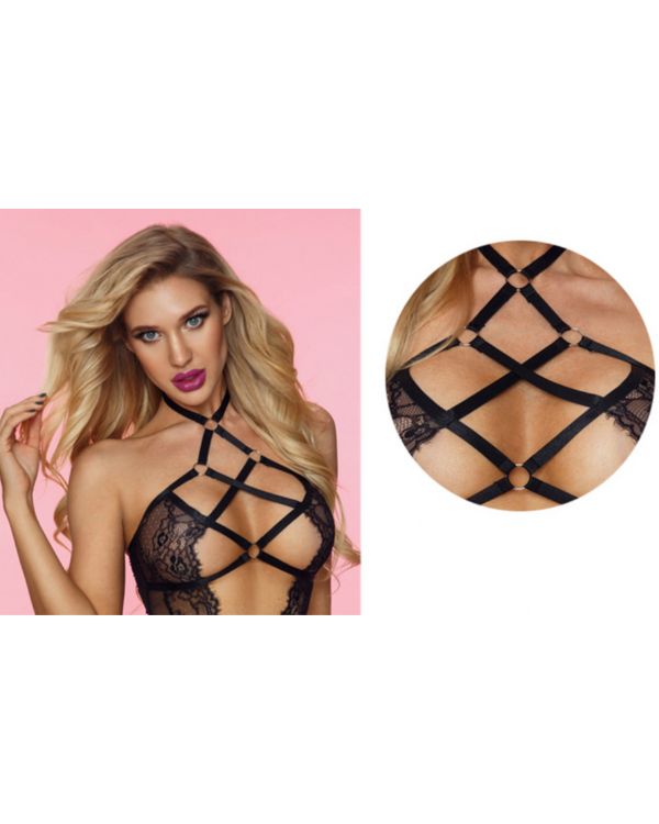 Schwarzer Mesh Spitzen Bodysuit mit Bondage Effekt