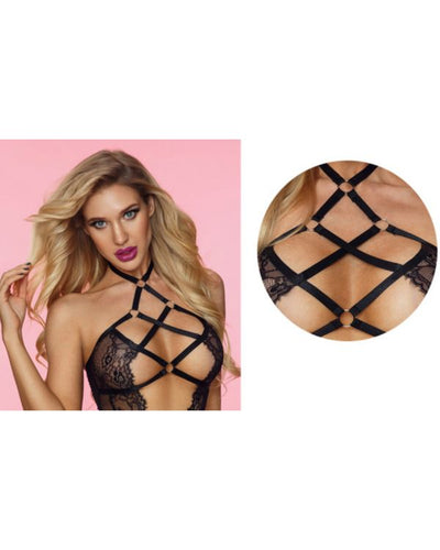 Schwarzer Mesh Spitzen Bodysuit mit Bondage Effekt