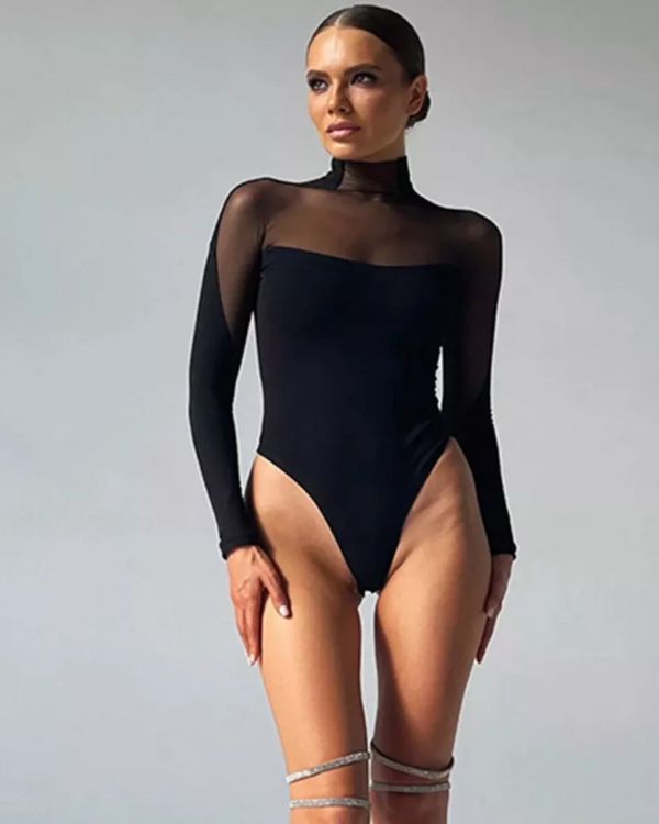 Schwarzer Damen Bodysuit mit transparenten Abschnitten bei den Schultern und Kragen