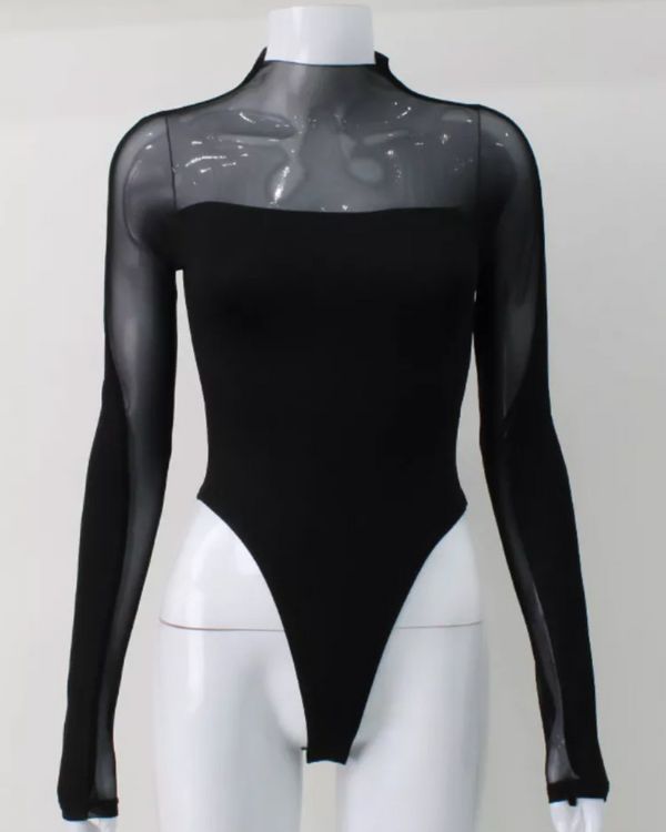 Eleganter Mesh Bodysuit mit transparentem Oberarmen und Kragen aus Mesh Stoff
