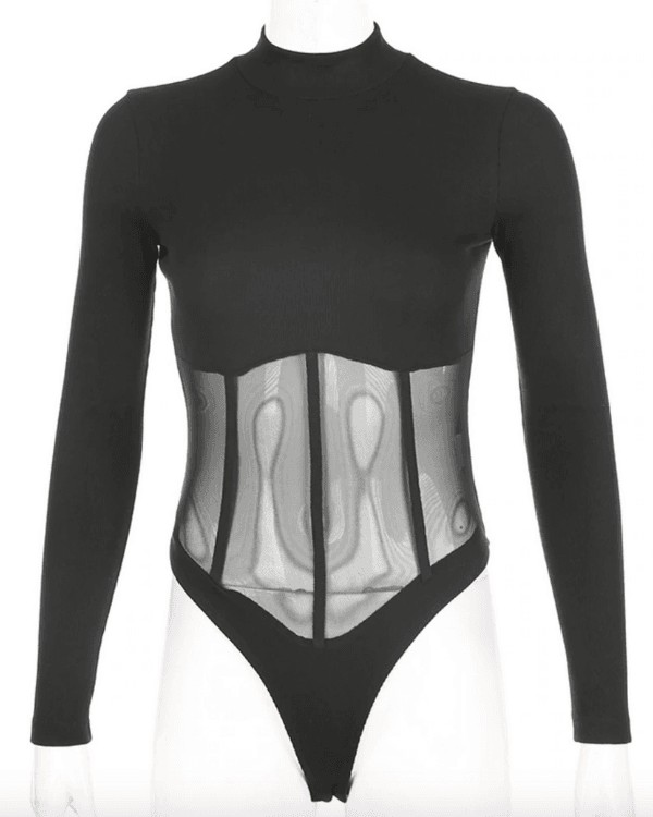 schwarzer Body für Damen | Bodysuit Langarm Body für Damen | Mesh Teil Body mit Kragen und Strick Style | Rillen Elastischer Stoff Overall Body mit leichtem Kragen 