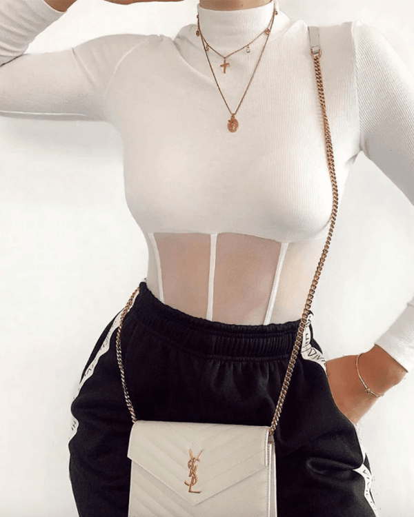 weisser Body für Damen | Bodysuit Langarm Body für Damen | Mesh Teil Body mit Kragen und Strick Style | Rillen Elastischer Stoff Overall Body mit leichtem Kragen 