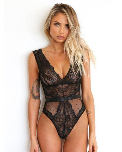 Spitzen Bodysuit Lingerie Dessous Fetisch Damen  - Sexy schwarze Reizwäsche Body
