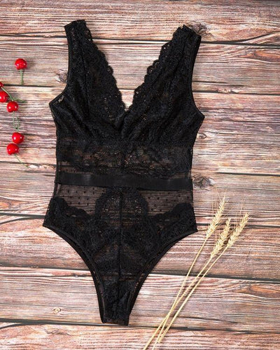 Schwarzer Bodysuit Spitzenstoff Mesh