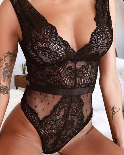 Spitzen Bodysuit Lingerie Damen - Reizwäsche Erotischer Body mit Blumen Spitzen Mustern