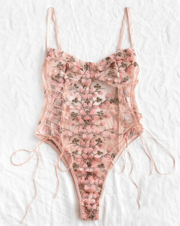 Korsett Lingerie Bodysuit Dessous - Mesh mit Blumen Stickerei