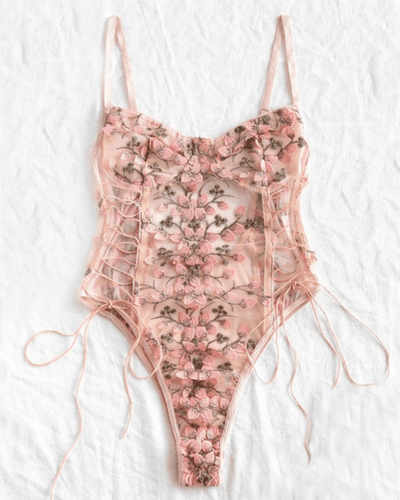 Korsett Lingerie Bodysuit Dessous - Mesh mit Blumen Stickerei