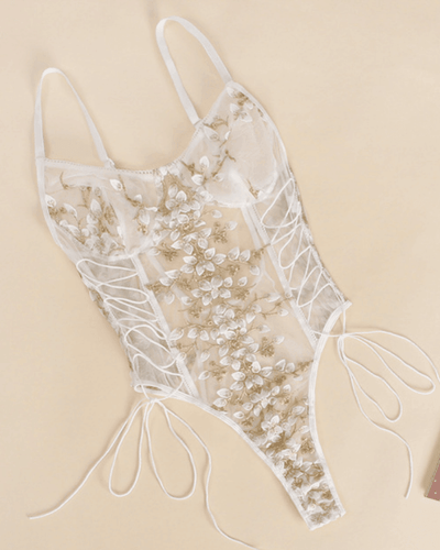 weisser Mesh Bodysuit mit goldenen Blumen Stickereien