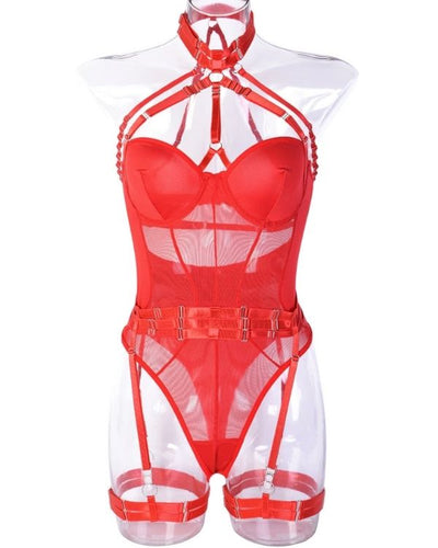 Roter Bondage Bodysuit mit Riemen und Schnallen