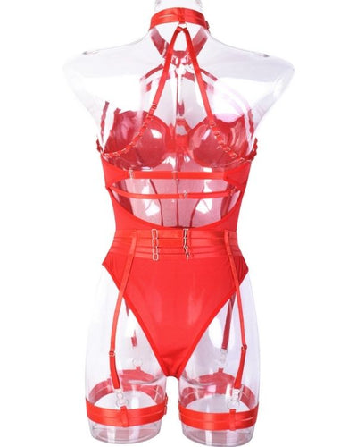 Bondage Riemen und Schnallen Bodysuit in heissem rot 