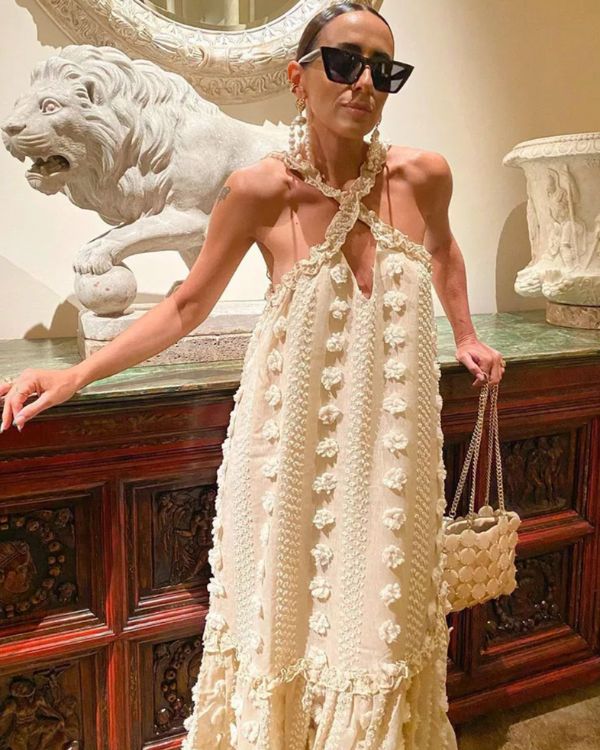 Boho Damen Maxikleid in beige mit Pompoms und Ruffle Effekten