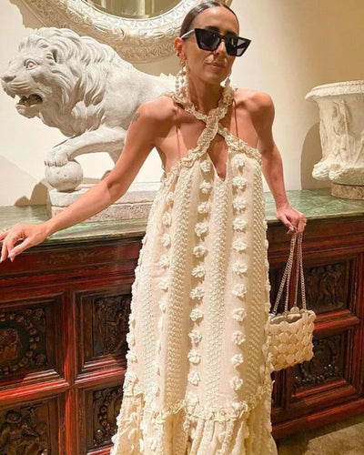 Boho Damen Maxikleid in beige mit Pompoms und Ruffle Effekten