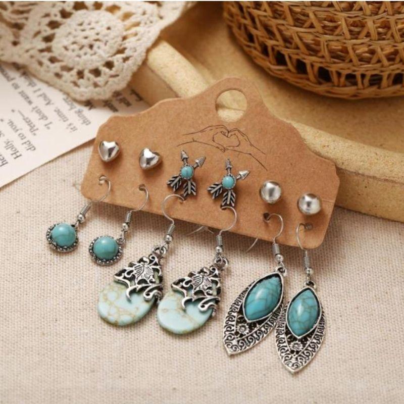 Boho Ohrringe Set Gipsy Style Schmuck Schweiz - Hippie Ohrring Stecker und Anhanger in silber Tuerkis