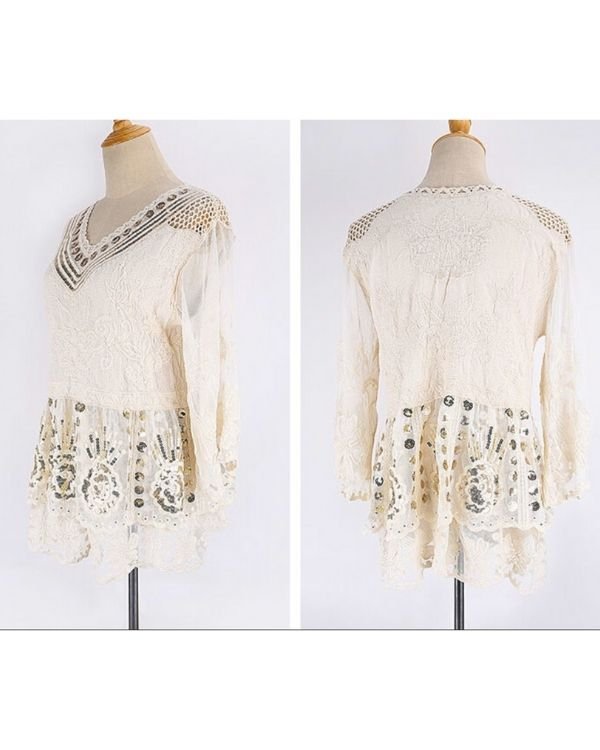Boho Ibiza Style Shirt Bluse in creme weiss mit vielen verspielten Details 