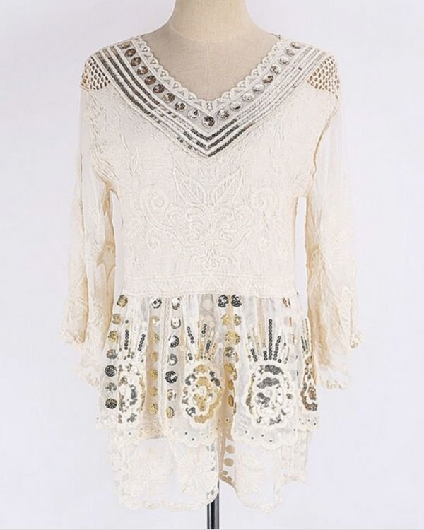 Damen Boho Bluse mit V-Ausschnitt - Ibiza Shirt Creme weiss 