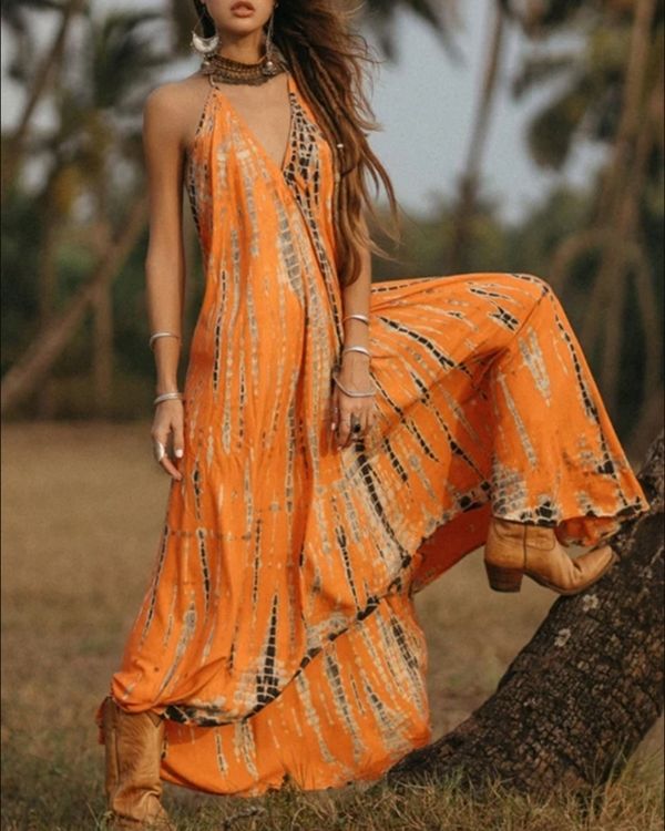 Orange Batik Tie Dye Kleid im Hippie Gipsy Look 