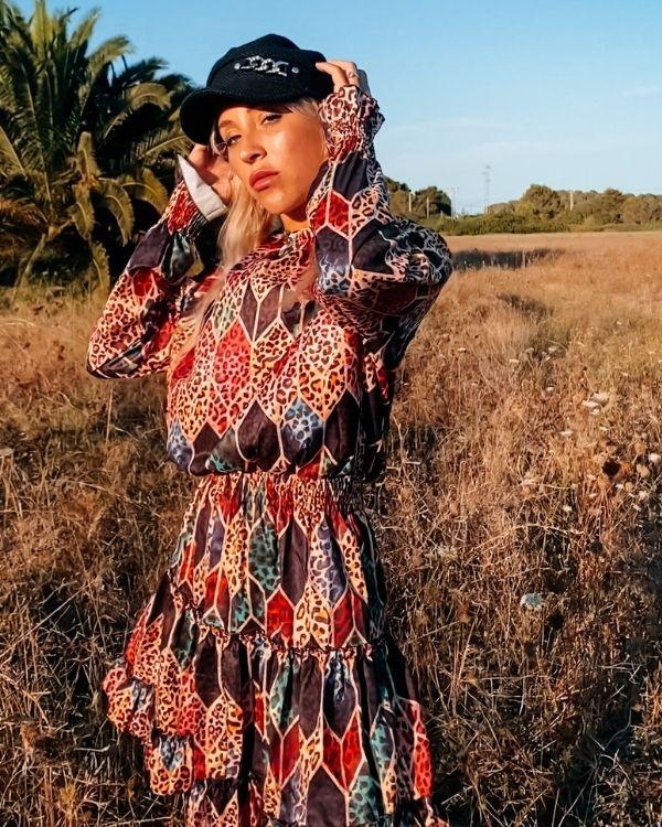 Farbiges Boho Kleid mit Leopard Mustern und Ruffeld Effekt - Langarm Damen Kleid