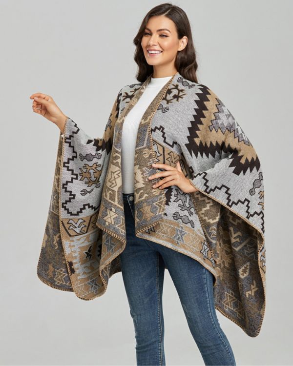 Boho Damen Cape in braun khaki Toenen mit Ethno Geometrischen Mustern 