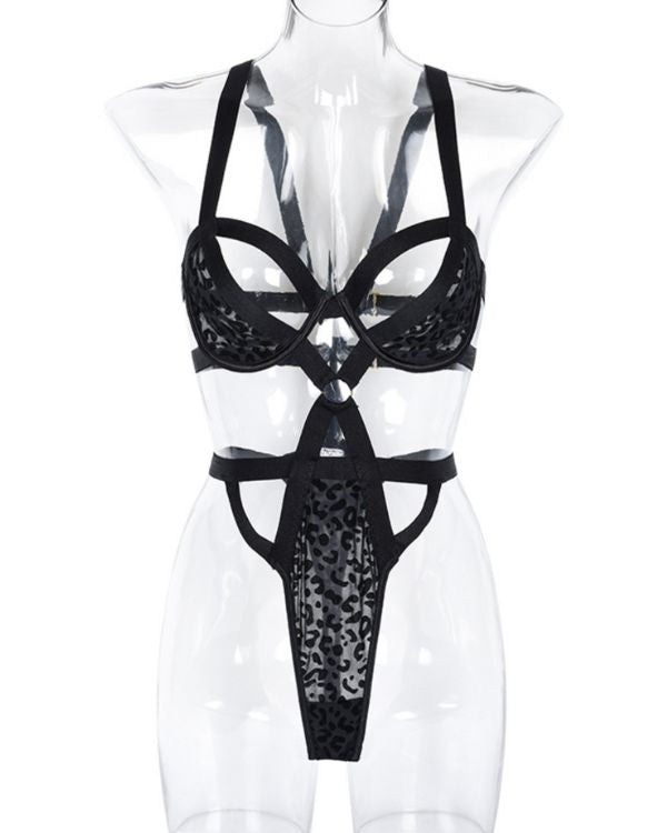 Schwarzer Bondage Leopard High-Waist String Bodysuit mit breiten Traegern 