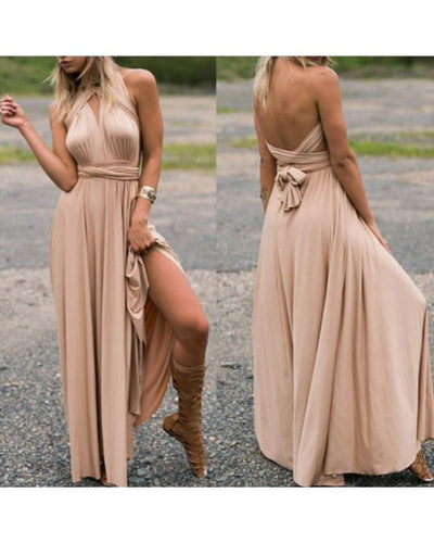 Elegantes Boho Kleid in beige Sandbraun - Maxikleid mit Band zum binden und wickeln 