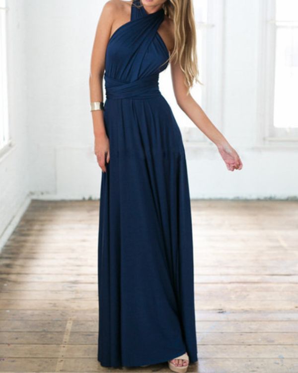 Dunkelblaues Maxikleid zum auf diverse Arten binden und tragen - Multifunktionales Boho Brautjungfern Kleid 