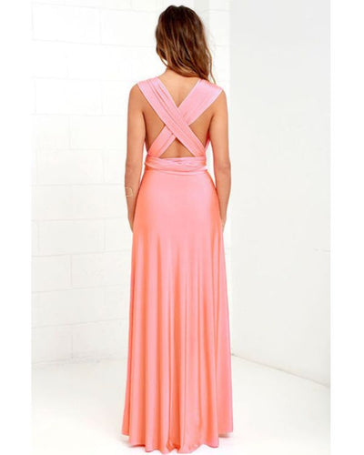 Rosa Boho Brautjungfern Maxikleid mit band zum binden am Oberkoerper 