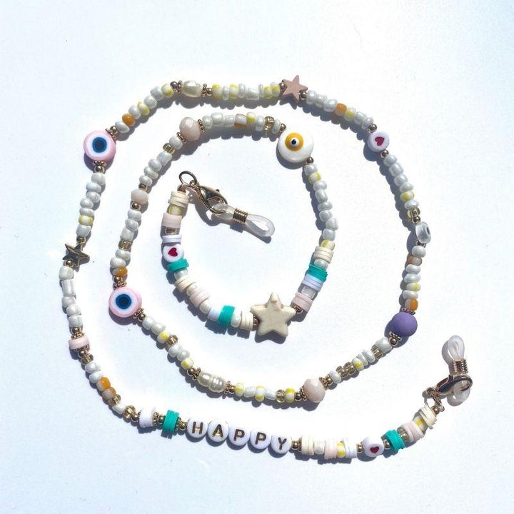 Farbige Perlenkette Brillenkette Maskenkette in Einem mit Happy Buchstaben und Stern Symbole