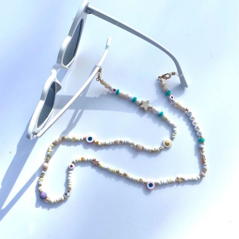 Sonnenbrillen Kette Brillenkette Perlen Farig mit Happy Buchstaben